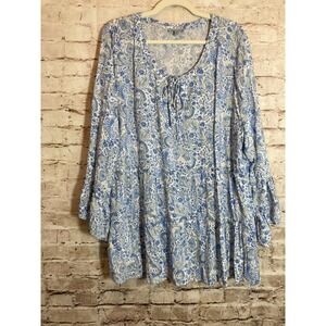 Floral & Ivy Peasant Top Women 2X Blue Romantic Paisley Print Bell Sleeve Tiered